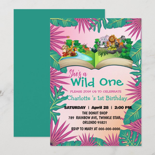 Wild One Zoo jungle 1st Animals Book Birthday kids Invitation (Front/Back)