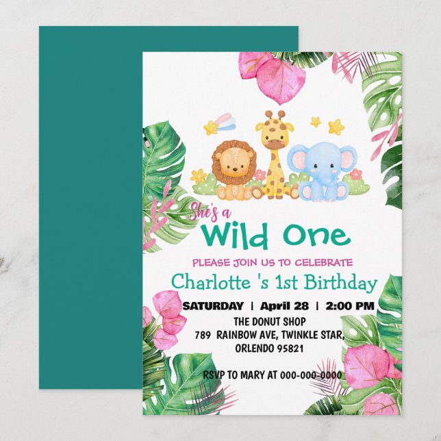 Wild One Zoo rainbow jungle 1st Animals Birthday Invitation (Front/Back)