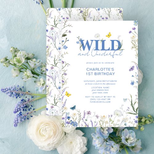 Wild  Onederful 1st Birthday Blue Wildflower Invitation