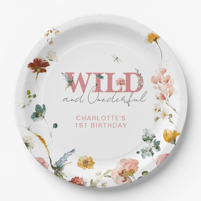 Wild & Onederful Floral Pink Girl 1st Birthday Paper Plates (Front)