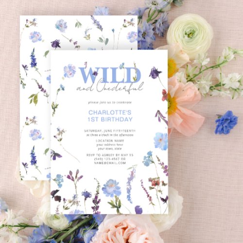 Wild  Onederful Girl 1st Birthday Blue Floral Invitation