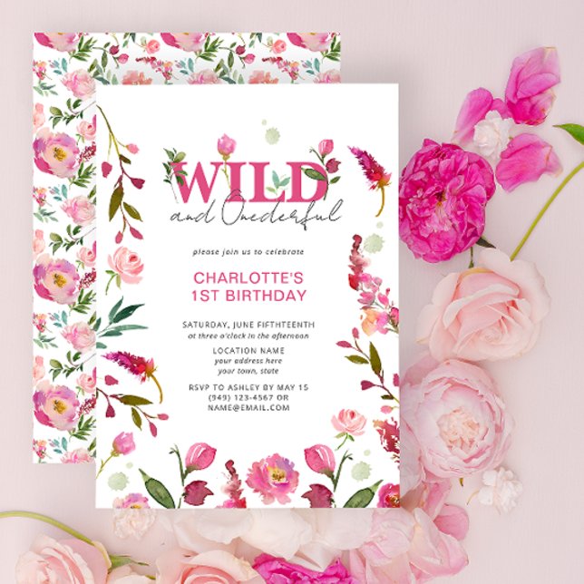 Wild & Onederful Pink Floral Girl 1st Birthday Invitation (1st Birthday Invitation)