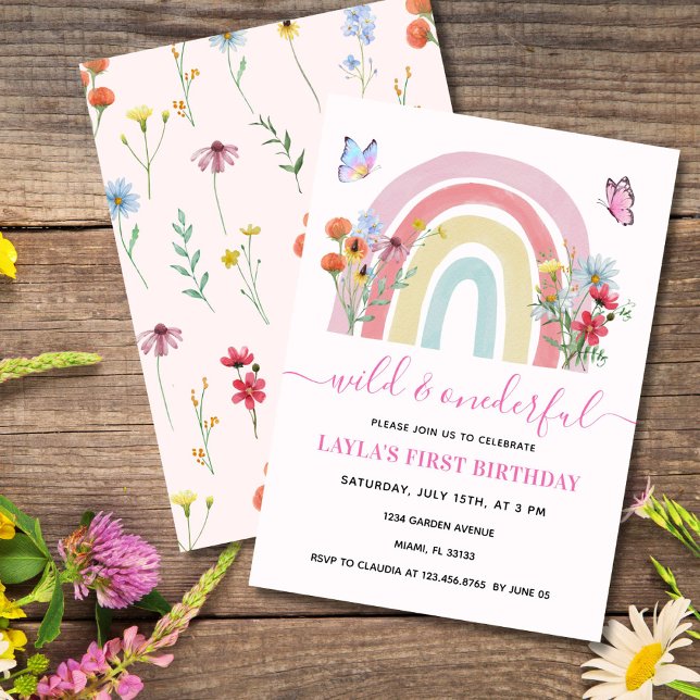 Wild & Onederful Wildflower Rainbow 1st Birthday  Invitation (Elegant rainbow wildflower 1st birthday invite with butterflies for baby girl, editable text.)