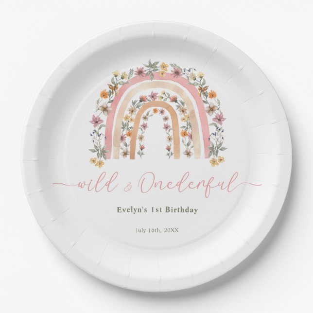 Wild & Onederful Wildflower Rainbow 1st Birthday Paper Plates (Front)