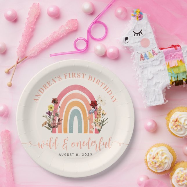 Wild & Onederful Wildflower Rainbow 1st Birthday Paper Plates (Party)