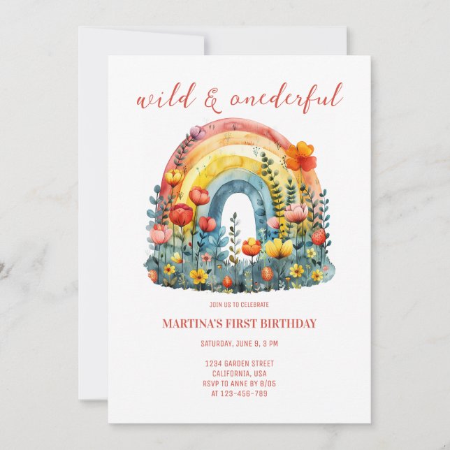 Wild & Onederful Wildflower Rainbow Birthday Invitation (Front)