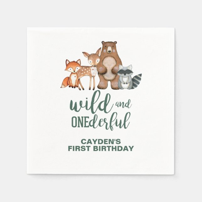 Wild Onederful Woodland Animal First Birthday Napkins (Front)