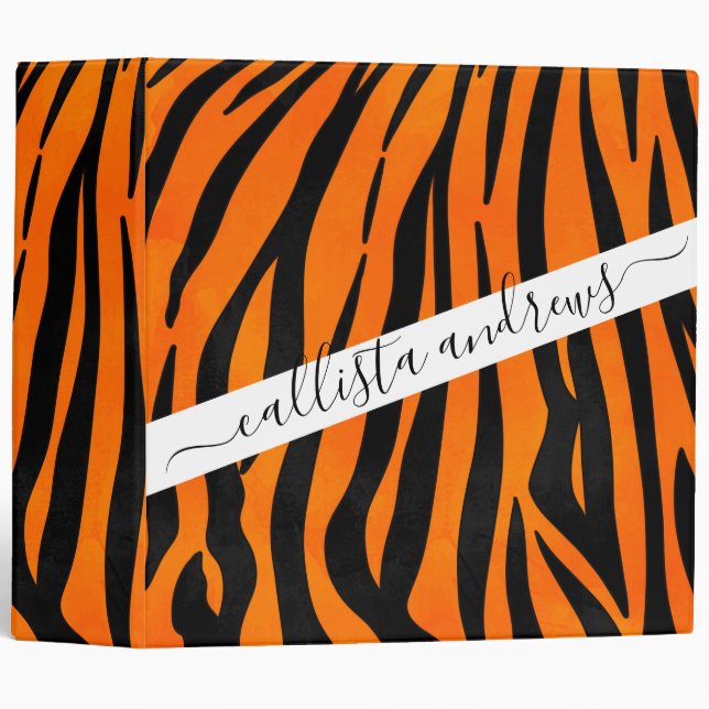 Wild Orange Black Tiger Stripes Animal Print 3 Ring Binder (Front/Spine)