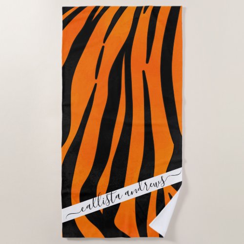 Wild Orange Black Tiger Stripes Animal Print Beach Towel