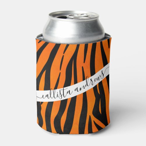 Wild Orange Black Tiger Stripes Animal Print Can Cooler