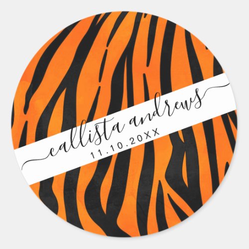 Wild Orange Black Tiger Stripes Animal Print Classic Round Sticker