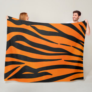 Wild Orange Black Tiger Stripes Animal Print Fleece Blanket