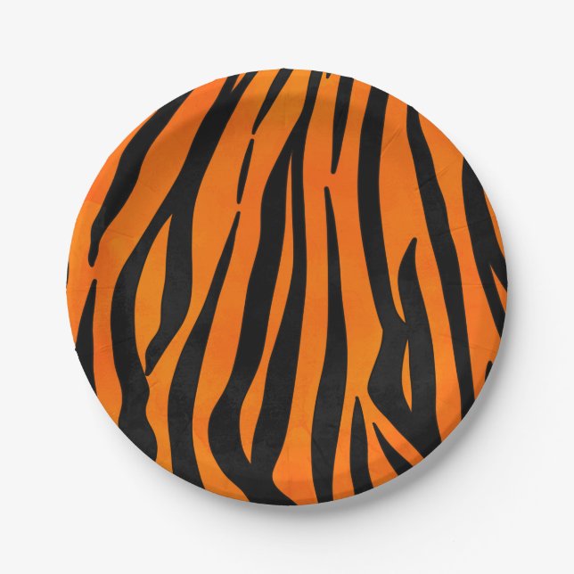 Wild Orange Black Tiger Stripes Animal Print Paper Plates (Front)