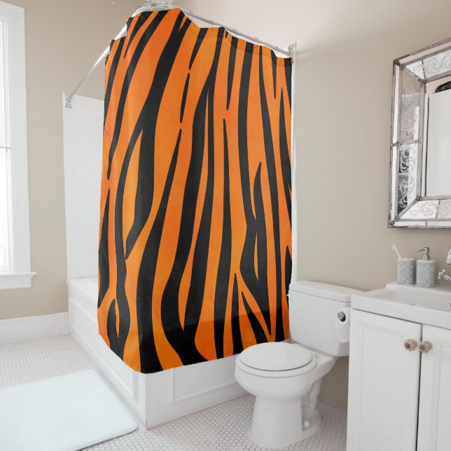 Wild Orange Black Tiger Stripes Animal Print Shower Curtain (In Situ)