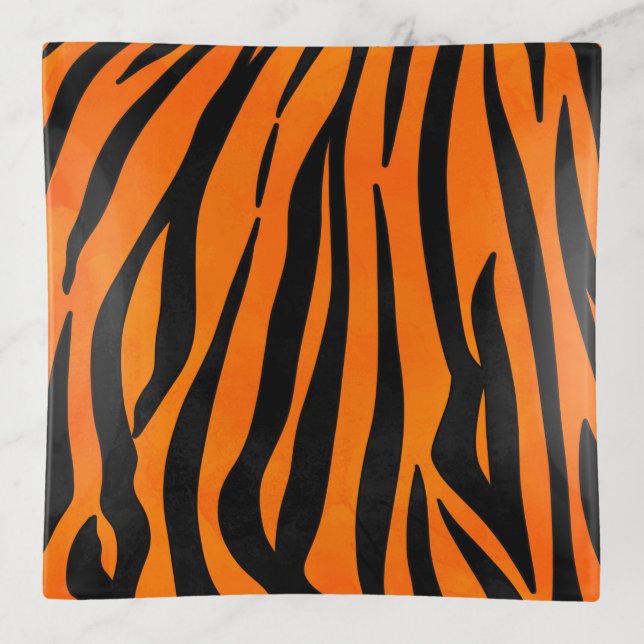 Wild Orange Black Tiger Stripes Animal Print Trinket Tray (Front)