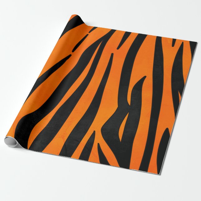 Wild Orange Black Tiger Stripes Animal Print Wrapping Paper (Unrolled)