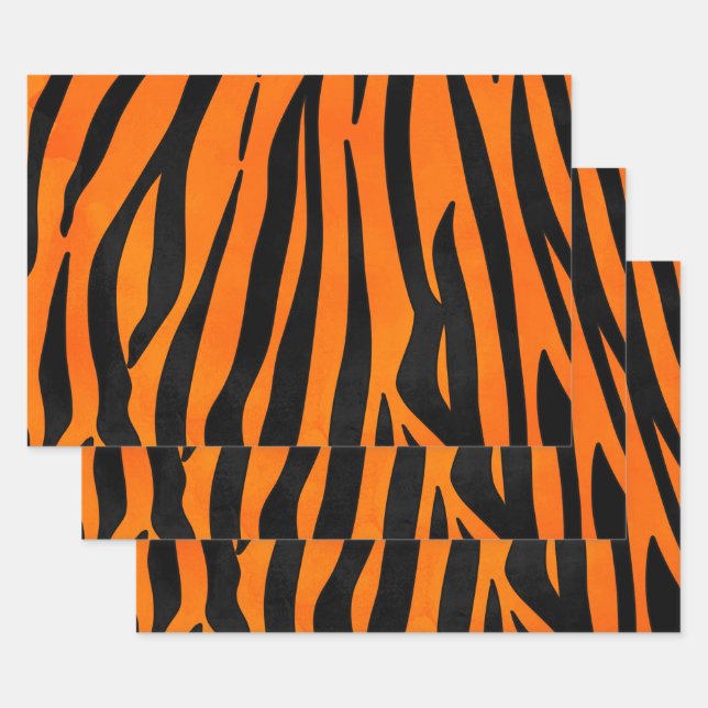 Wild Orange Black Tiger Stripes Animal Print Wrapping Paper Sheets (Set)