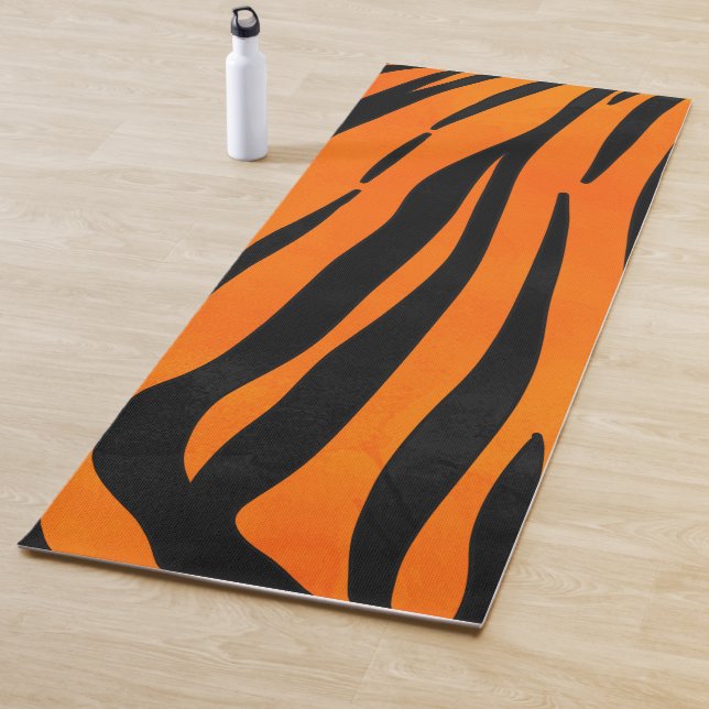 Wild Orange Black Tiger Stripes Animal Print Yoga Mat (In Situ)