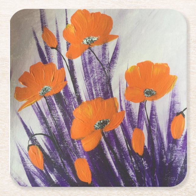 Wild orange poppies  square paper coaster (Front)