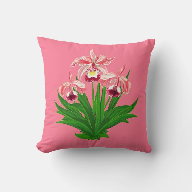 Wild Orchids - Coral Pink Orchids and Foliage  Throw Pillow (Front)