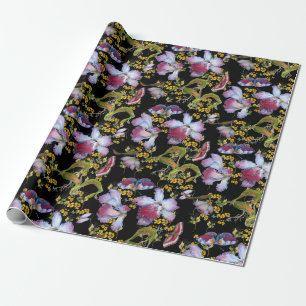 Wild Orchids Multicolor on Black All Occasion Wrapping Paper