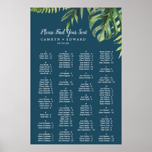 Wild Palm  Navy Blue Alphabetical Seating Chart