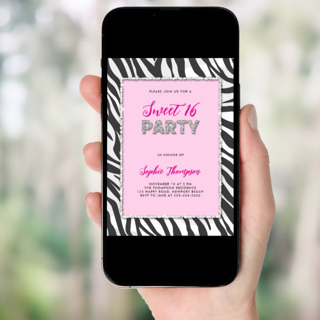 Wild Party Zebra Print Rhinestone Frame Sweet 16 Invitation (Front Digital)