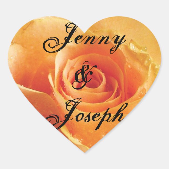 Wild Peach Rose Personalized Wedding Heart Sticker (Front)