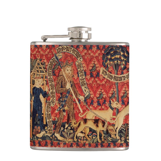 WILD PEOPLE IN DEER HUNT, Animals ,Red Floral Flask (Front)