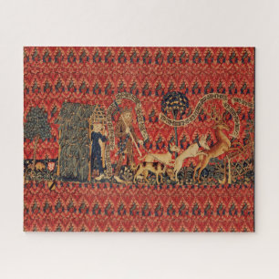 WILD PEOPLE IN DEER HUNT, Animals ,Red Floral Jigsaw Puzzle