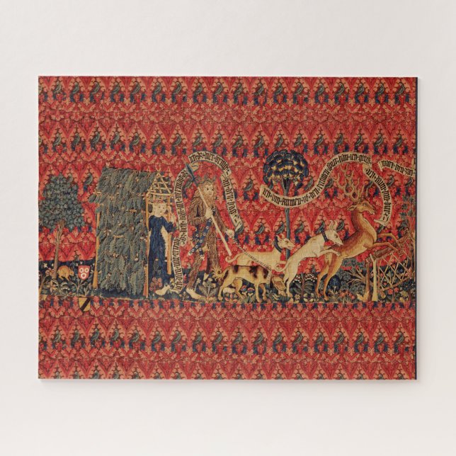 WILD PEOPLE IN DEER HUNT, Animals ,Red Floral  Jigsaw Puzzle (Horizontal)