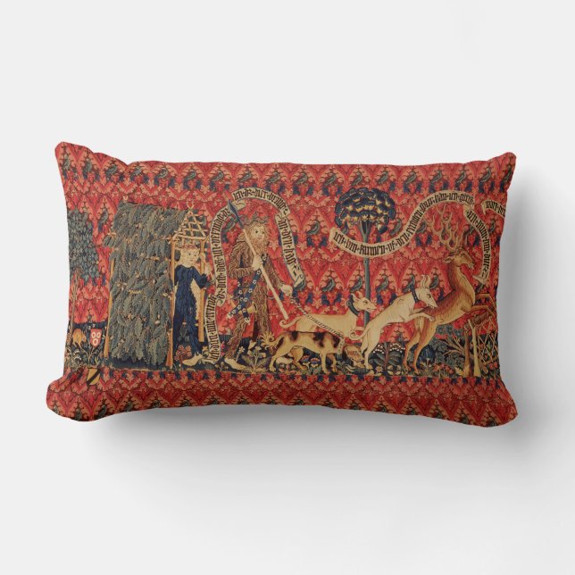 WILD PEOPLE IN DEER HUNT, Animals ,Red Floral Lumbar Pillow (Front)