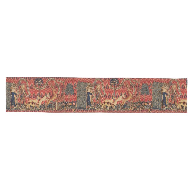 WILD PEOPLE IN DEER HUNT, Animals ,Red Floral Medium Table Runner (Horizontal)