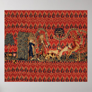 WILD PEOPLE IN DEER HUNT, Animals ,Red Floral Poster