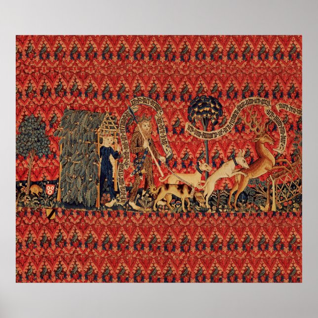 WILD PEOPLE IN DEER HUNT, Animals ,Red Floral Poster (Front)