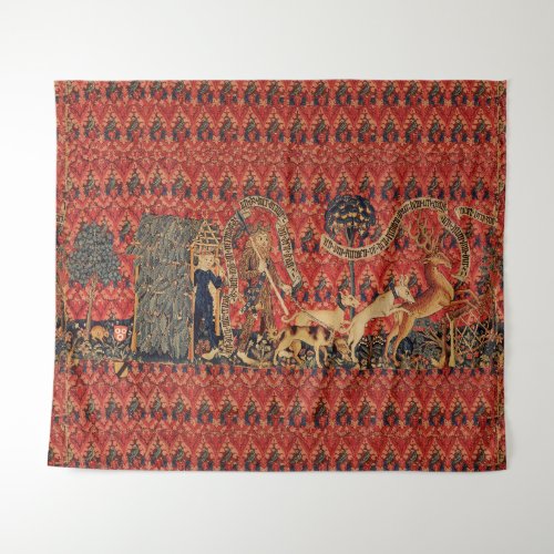 WILD PEOPLE IN DEER HUNT Animals Red Floral Tapestry