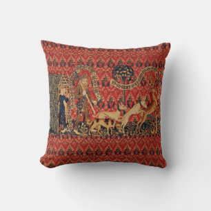WILD PEOPLE IN DEER HUNT, Animals ,Red Floral Throw Pillow