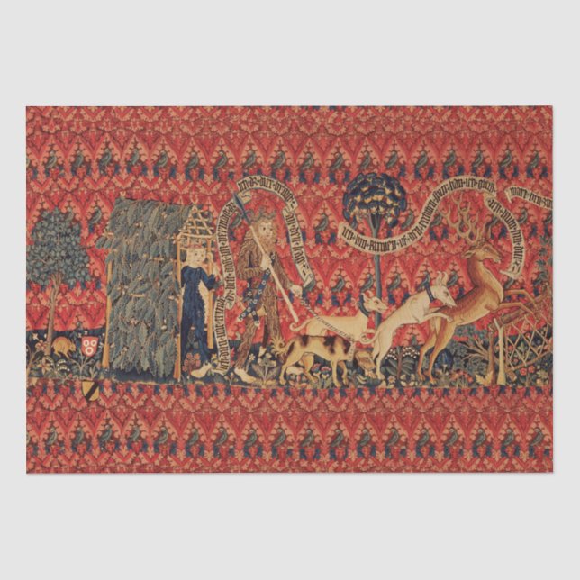 WILD PEOPLE IN DEER HUNT, Animals ,Red Floral Tissue Paper (Front)