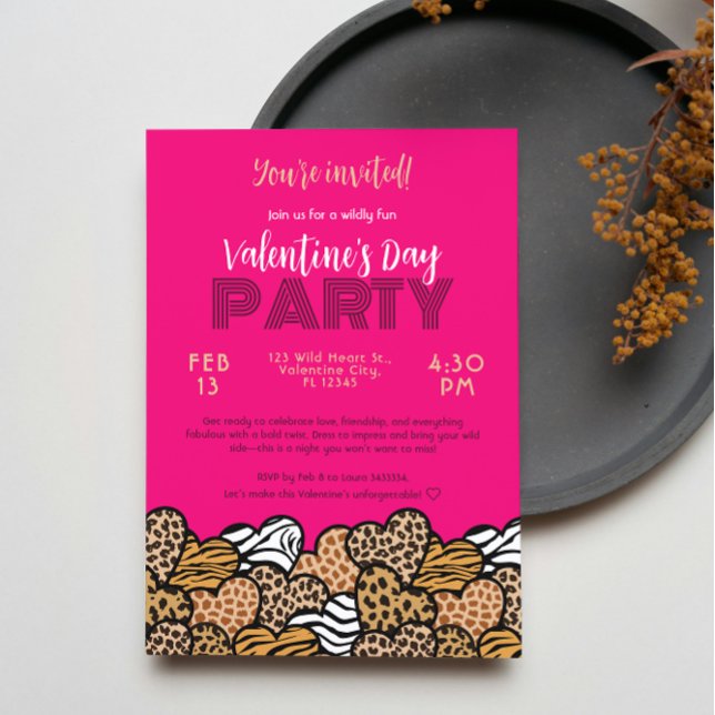 Wild Pink Animal Print Heart Valentine's Day Party Invitation (Creator Uploaded)