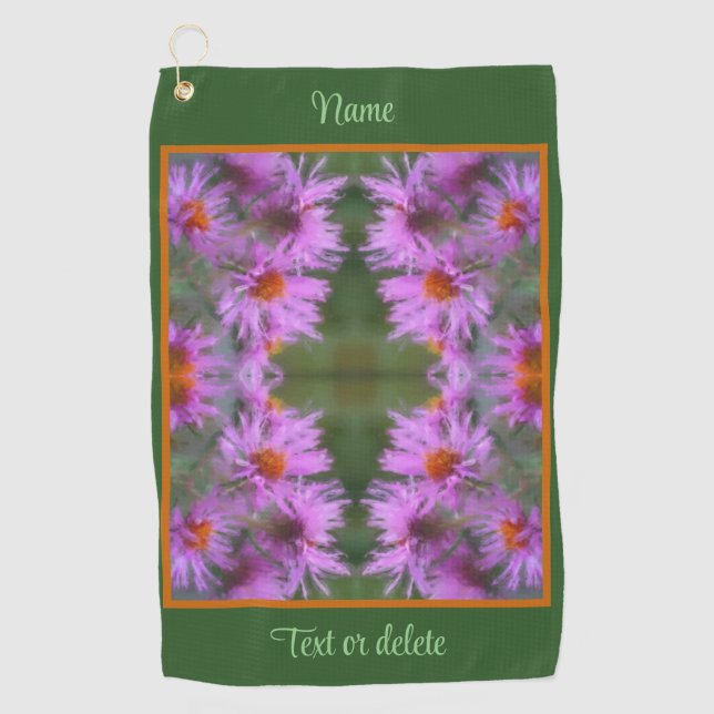 Wild Pink Asters Flower Art Personalized Golf Towel (Front)