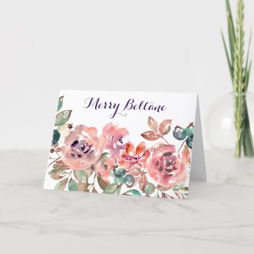 Wild Pink Flowers  Berry Watercolor Beltane Holiday Card
