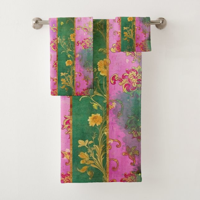 Wild Pink Grunge Damask - Bath Towel Set (Insitu)