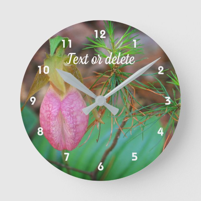Wild Pink Lady Slipper Orchid And Evergreens  Round Clock (Front)