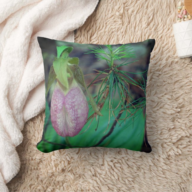Wild Pink Lady Slipper Orchid And Evergreens   Throw Pillow (Blanket)