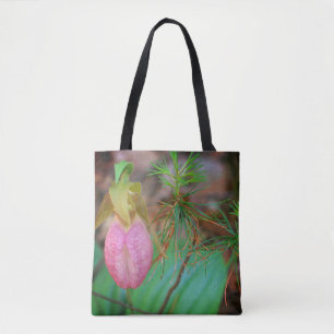 Wild Pink Lady Slipper Orchid And Evergreens Tote Bag