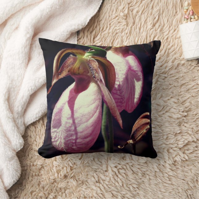 Wild Pink Lady Slipper Orchid Pair Floral Throw Pillow (Blanket)