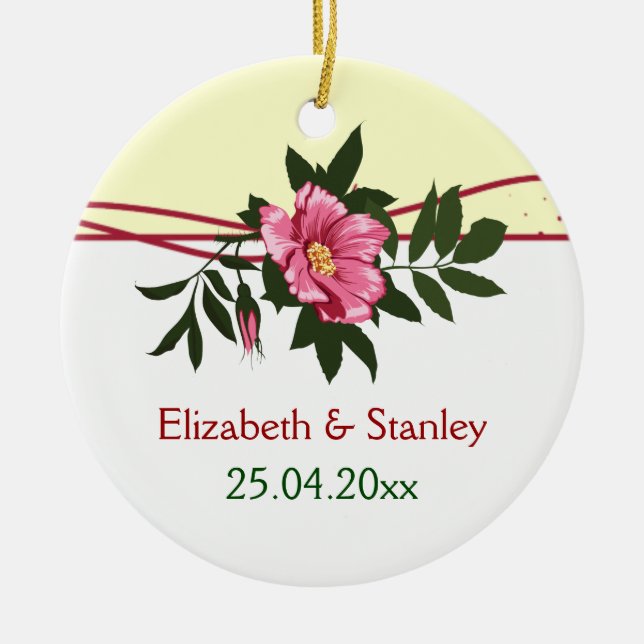 Wild pink rose floral wedding keepsake ornament (Front)