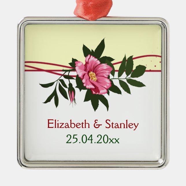 Wild pink rose floral wedding keepsake ornament (Front)