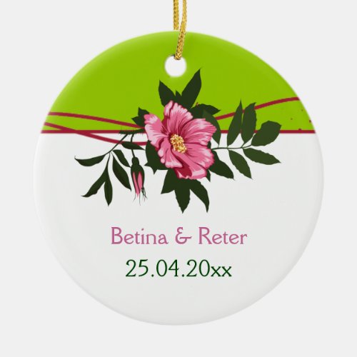 Wild pink rose floral wedding lime green keepsake ceramic ornament