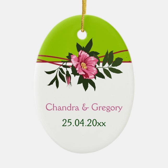 Wild pink rose floral wedding lime green keepsake ceramic ornament (Front)
